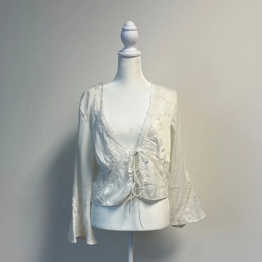 Free People Bed Jacket Long Sleeve Top With Front Ties and Lace White M